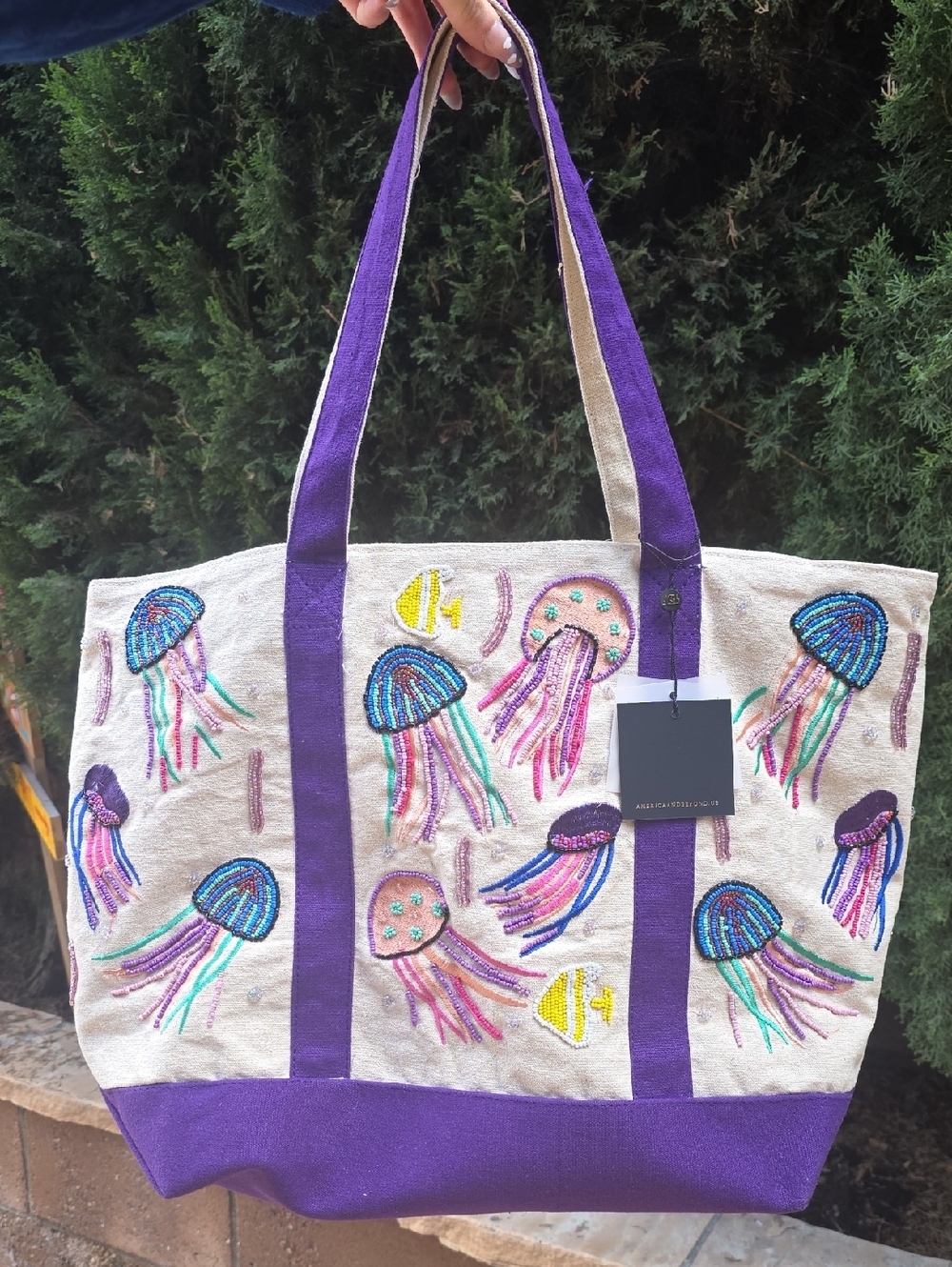 Beaded Embroidered Jellyfish Canvas Tote Bag - Purple Trim